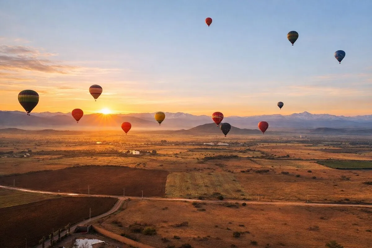 Hot air balloons at sunrise over the Atlas Mountains near Marrakech