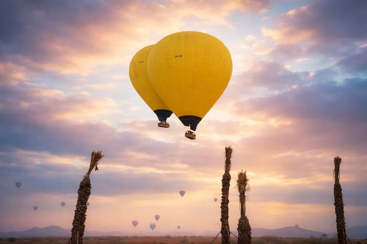 Two yellow hot air balloons flying above palm trees at sunset in Marrakech